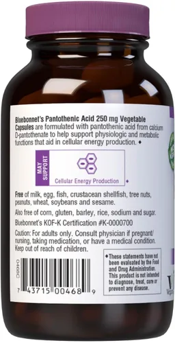 Vista 3 de Bluebonnet Ácido pantoténico 250 mg cápsulas vegetales, 60