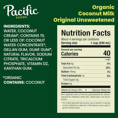 Vista 2 de Pacific Foods Leche de coco, original sin azúcar, estable en estantes, a base de plantas, vegano, sin OMG, 32 onzas líquidas (paquete de 1)