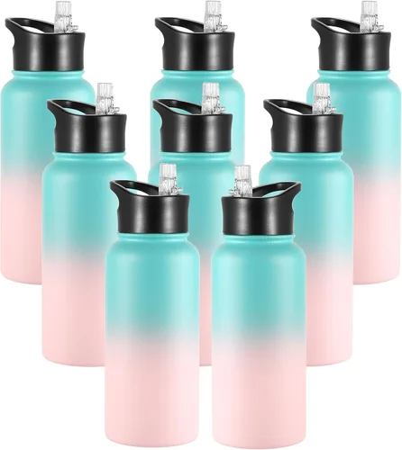 Vista 28 de Botella de agua aislada de 24 onzas con tapa con popote, botella de agua de metal de acero inoxidable con popote y tapa de boca ancha, botella