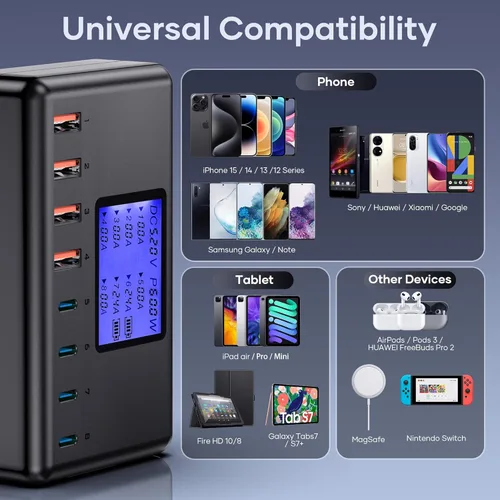 Vista 4 de Estación de carga de 152 W, concentrador de cargador USB-C y USB-A de 8 puertos, 20 W 4 x USB-C y 18 W 4 x USB-A, compatible con iPhone 15/14/13