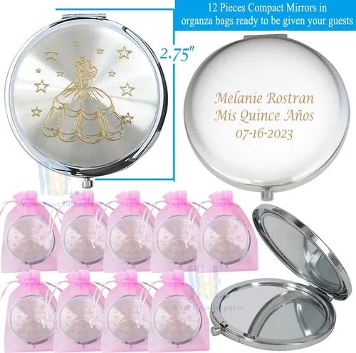 Vista 2 de WE Recuerdos de espejo compacto de Cenicienta personalizados (12 piezas) Rosa - Quinceañera/Dulce 15/Cumpleaños/Regalos para invitados