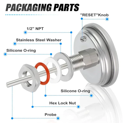 Vista 4 de MEANLIN MEASURE Termómetro bimetálico NPT de 1/2", esfera de 3.3", vástago de acero inoxidable de 3", precisión 2%, montaje trasero central, rango