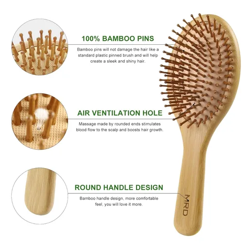 Vista 4 de MRD Juego de cepillos para el cabello, peine de bambú natural, cepillo desenredante de paleta, peine de dientes anchos y cola sin cerdas, adecuado