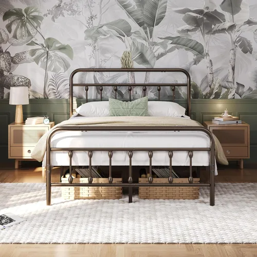 Vista 14 de Yaheetech Marco de cama con plataforma de metal doble, cabecero y estribo Blanco