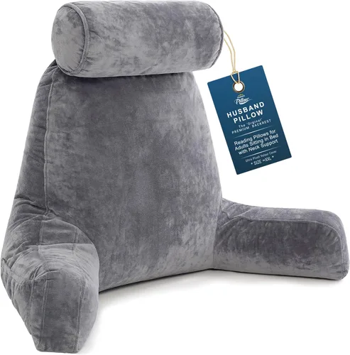 Vista 101 de Husband Pillow Backrest with Arms - Adult Reading Pillow with Shredded Memory Foam, Ultra-Comfy Removable Microplush Cover & Detachable Neck Roll