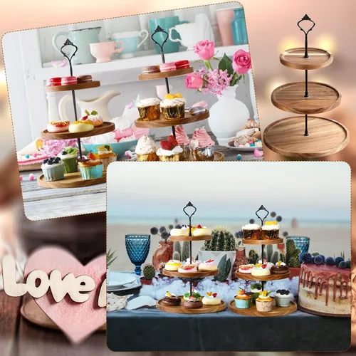 Vista 6 de Zopeal Juego de 3 soportes de madera para cupcakes de 3 niveles, bandeja de madera rústica para servir postres de granja, soporte para torre