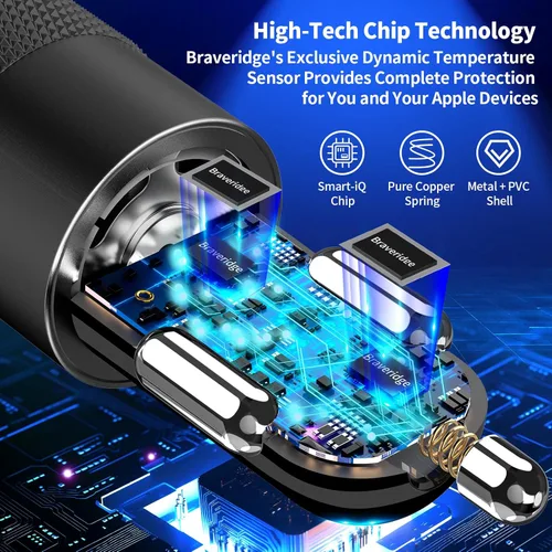 Vista 6 de Apple MFi Certified iPhone Car Charger Fast Charging, Braveridge 4.8A USB Power Cigarette Lighter Car Carplay Charger Adapter with 6FT Coiled