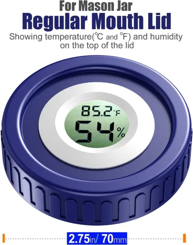 Vista 2 de Tapas para tarros de masón, higrómetro integrado, monitor de curado de hierbas que se adapta a todos los frascos de boca ancha/boca regular, 2 Azul
