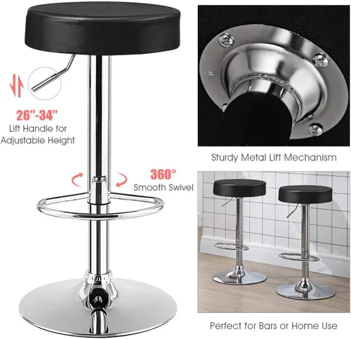 Vista 6 de COSTWAY Taburete de bar, moderno taburete redondo giratorio sin espalda, silla de bar de piel sintética sin brazos con altura ajustable, reposapiés
