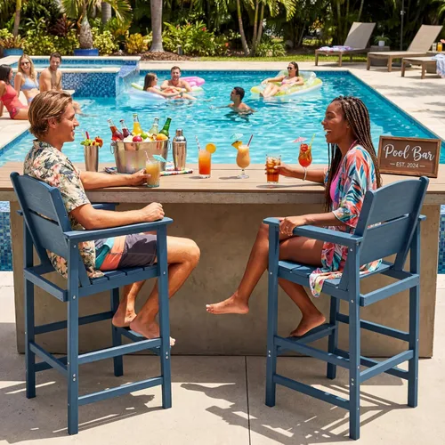 2 Pack Outdoor Bar Stools, HDPE Patio Bar Chairs with Armrests & Footrest, Weather Resistant All-Weather Counter Height Chairs for Outdoor Deck,