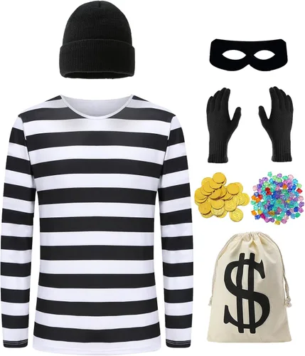Enccfoeo Disfraz de ladrón para hombre, camiseta a rayas, policía de ladrones y ladrones, cosplay, disfraces de Halloween con accesorios