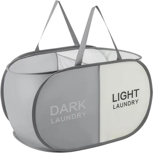 Vista 12 de Cesta plegable para la ropa sucia duradera con 2 compartimentos para clasificar y almacenar, cesta portátil para ropa sucia para dormitorio, cuarto