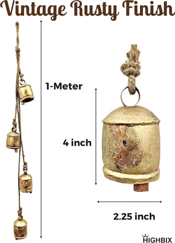 Vista 2 de HIGHBIX Harmony - 4 campanas de vaca en racimo en cuerda, grandes, rústicas, vintage, campanas de vaca de la suerte en cuerda para colgar