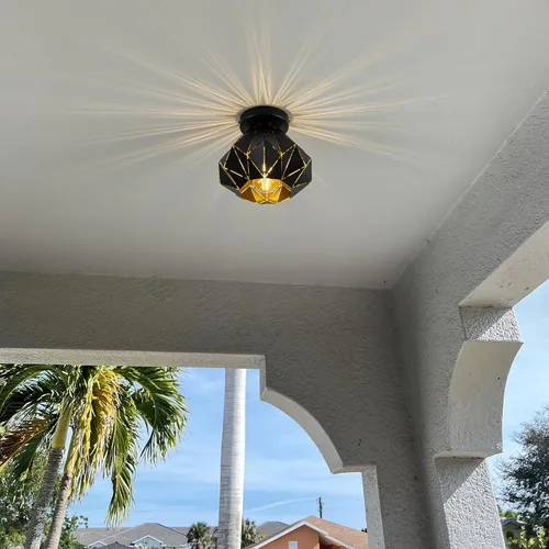 Vista 9 de Modern Geometric Ceiling Light, Black Metal Diamond Cage Design, Semi-Flush Mount, Industrial Style, E26, Matte Black with Gold Inside