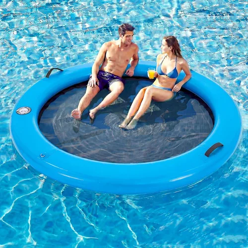 Vista 16 de 6-12FT Round Inflatable Floating Dock, Sunchill Float Ring, Water Hammock Tanning Pool Floats with Woven Fabric, Manual Pump for Quick
