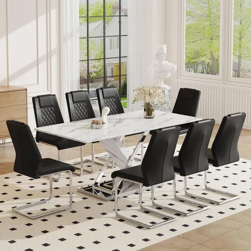 Vista 15 de Juego de Mesa de Comedor de Mármol para 4, Mesa Rectangular Negra de 63 Pulgadas con Marco de Metal Dorado en Forma de X y 4 Sillas de Comedor