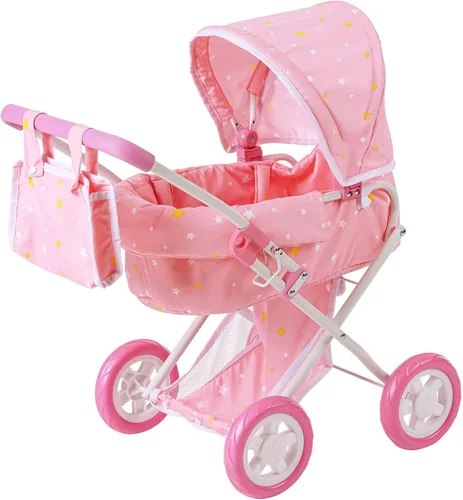 Vista 14 de Olivia's Little World - Cochecito de estilo buggy para muñeca con toldo retráctil, almacenamiento debajo, moisés desmontable, bolsa de viaje