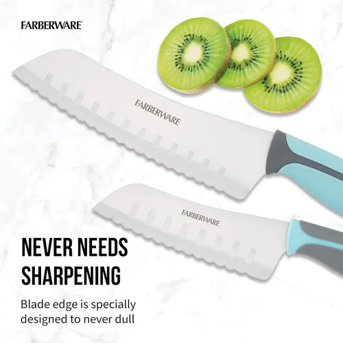Vista 2 de Farberware Precise Slice - Juego de cuchillos Santoku, 2 piezas, azul y gris