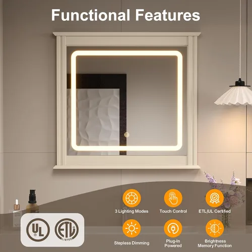 Vista 4 de RoyalCraft Cómoda de 6 cajones con espejo iluminado, cómoda de madera moderna acanalada beige, cómoda larga para almacenamiento en el dormitorio