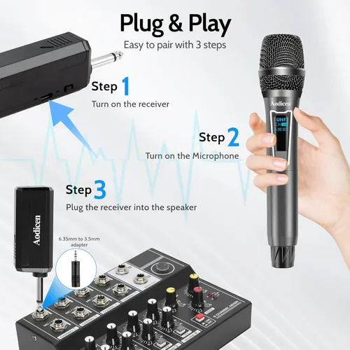 Vista 4 de Micrófono inalámbrico de karaoke - Sistema de micrófono de mano Plug & Play con receptor para Smart TV, canto, fiestas (negro, 1 micrófono)