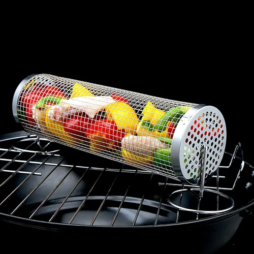 Vista 4 de Cesta de barbacoa con tapa Cesta de barbacoa de acero inoxidable para exteriores Accesorios de cocina cilíndricos de malla redonda para barbacoa
