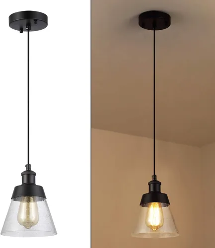 Vista 7 de Lámpara colgante de vidrio industrial con pantalla de vidrio transparente soplado a mano, una sola luz ajustable, rústico, mini accesorio