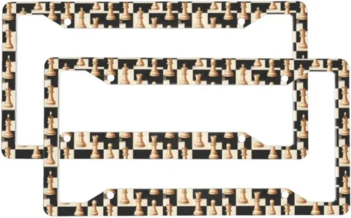 2 Pcs Car License Plate Frames for Women Men - Vintage Chess Print Solid Aluminum License Plate Cover for Car Accessories with Fasteners and Screws