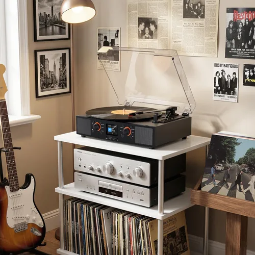 Vista 8 de Reproductor de discos de vinilo con altavoces integrados, tocadiscos Bluetooth de 3 velocidades con transmisión por correa con pantalla LCD
