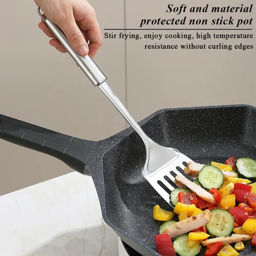 Vista 4 de Juego de espátulas de acero inoxidable, espátula ranurada plateada, espátula de cocina resistente, resistente al calor, utensilios de cocina ideales