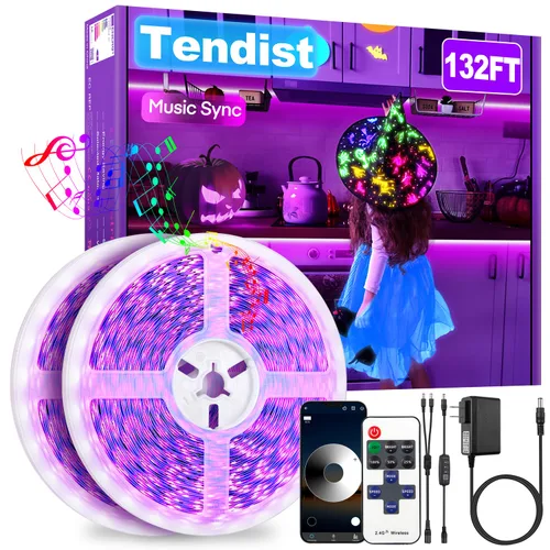 Tira de luz LED negra de 132 pies, control de aplicación, luz negra para fiesta brillante con control remoto, tira adhesiva de luz negra de neón