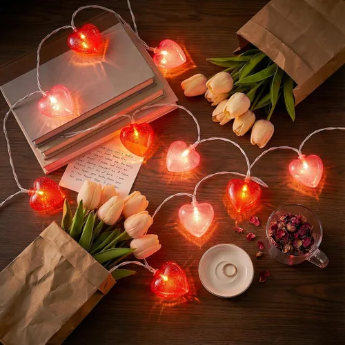 Vista 13 de Luces para el día de San Valentín de 8.5 pies, cadena de luces de corazón con 10 luces de corazón 3D rojas brillantes con purpurina, luz de San