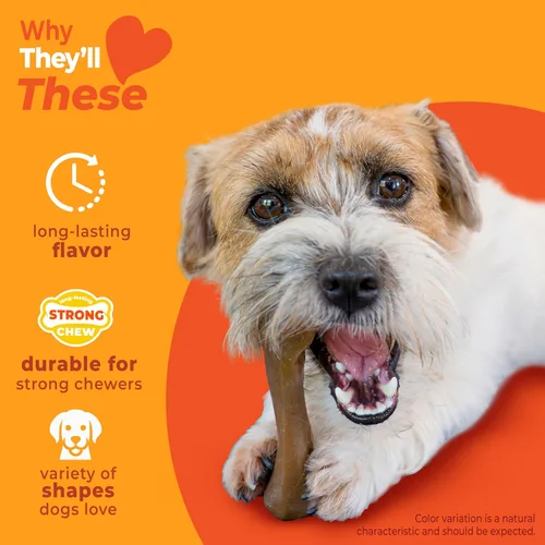 Vista 3 de Nylabone Paquete de 4 juguetes masticables fuertes para perros, hechos con tocino real, bisonte, venado, carne de res y pollo, huesos duraderos