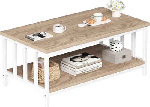 Vista 8 de Mesa de centro para sala de estar con marco de listones laterales, moderna mesa de sala de estar de granja con estante de almacenamiento de 2