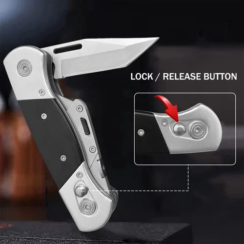 Vista 3 de Folding Utility Knife with Sheath and 10 Razor Blades, Heavy Duty Box Cutter Knife with Dual Blades, Construction Knifes Electrician Knife for