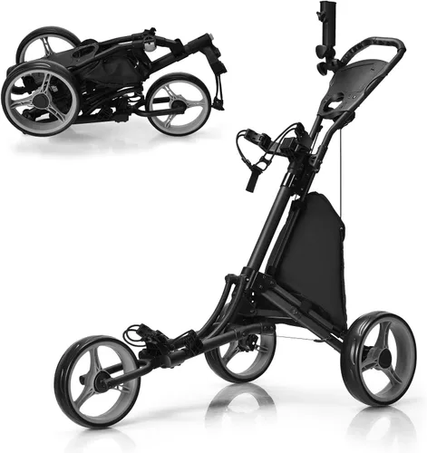 Tangkula Carrito de golf plegable de aluminio ligero de 3 ruedas con correa elástica, paraguas y portavasos, almacenamiento de marcador y freno de