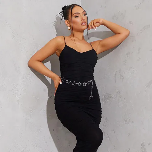 Vista 3 de HIQUACC Cinturón de cadena de cintura con borla larga para mujer, joyería corporal ajustable, cadena de vientre para vestido