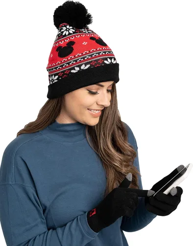 Vista 2 de Disney Adult Knit Beanie Hat and Texting Glove Set Mickey Minnie Mouse Print