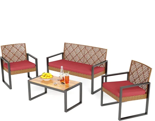 Vista 10 de PHI VILLA Juego de muebles de mimbre de patio para 4, sofá biplaza y sillas de ratán marrón con cojines beige y mesa de centro de madera de acacia