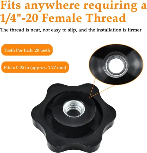 Vista 4 de Aifeier ET 4 piezas Perilla de 1/4"-20 pulgadas Nylon Negro Tipo Atornillable Perillas Roscadas Pasantes con Tuercas Forma de 6 Estrellas Apriete
