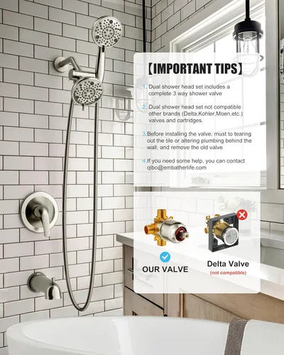 Vista 2 de EMBATHER Juego de grifo de bañera y ducha, cabezal de ducha doble con juego de grifo de bañera, válvula de ducha de control de un solo mango y kit