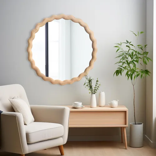 Vista 4 de Espejo de pared irregular, espejo redondo de madera, espejo de tocador único, espejo de baño moderno de madera natural de 18 pulgadas para baño