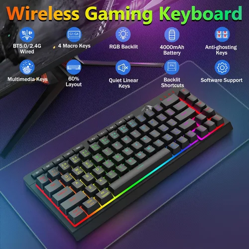 Vista 3 de Redragon Combo de teclado y mouse inalámbricos para juegos, Bluetooth/2.4G/USB-C con cable, retroiluminación RGB, teclado de membrana macro