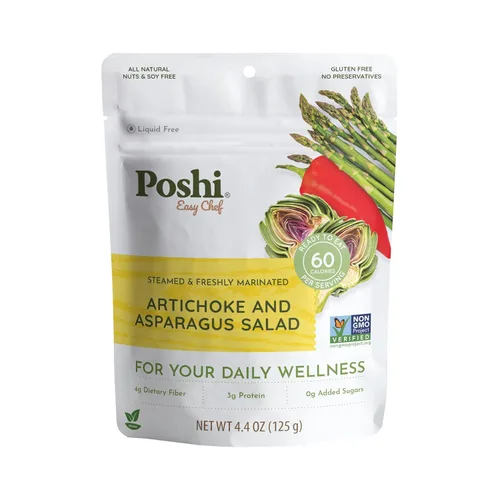 POSHI Ensalada natural de alcachofas y espárragos, ceto, vegana, sin OMG, baja en carbohidratos + calorías, sin gluten, lista para comer, verduras