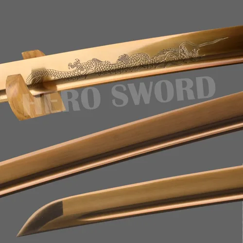 Vista 5 de Espada samurái japonesa hecha a mano con hoja de oro, grabado a mano, Katana de dragón dorado, espiga completa, afilada, puede cortar árboles