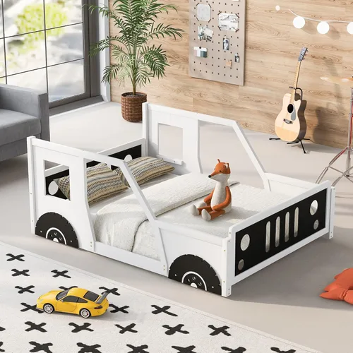 Vista 154 de Cama de plataforma en forma de auto de carreras de tamaño individual con ruedas, marco de cama de plataforma de madera con dos asientos y soporte