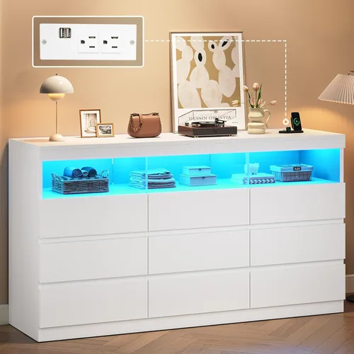 Vista 8 de BTHFST Cómoda de 9 cajones con luces RGB, toma de corriente y estantes abiertos, cómoda de madera de 56.7 pulgadas de ancho, sin asa para sala