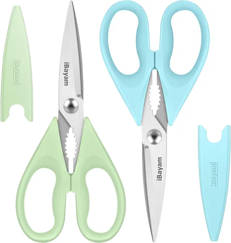 Vista 15 de iBayam Tijeras de cocina multiusos con funda protectora, tijeras de acero inoxidable duraderas, aptas para lavavajillas, mango cómodo de agarre suave