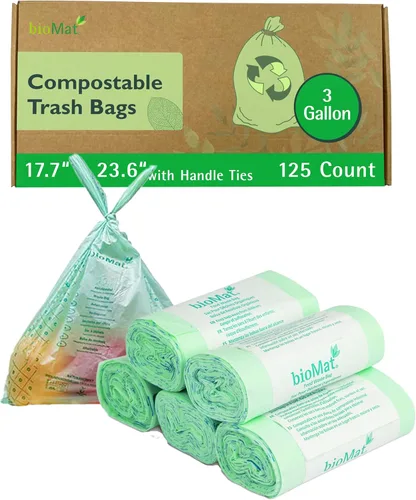 Vista 13 de bioMat Bolsas de basura compostables de 3 galones, 125 unidades, pequeños forros de basura de comida de cocina, certificado BPI, CMA y OK Compost