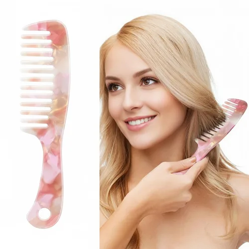 Vista 10 de Peine de dientes anchos y grandes, [concha de tortuga] peine de dientes redondos de acetato de celulosa para cabello lacio o rizado, cabello Marrón