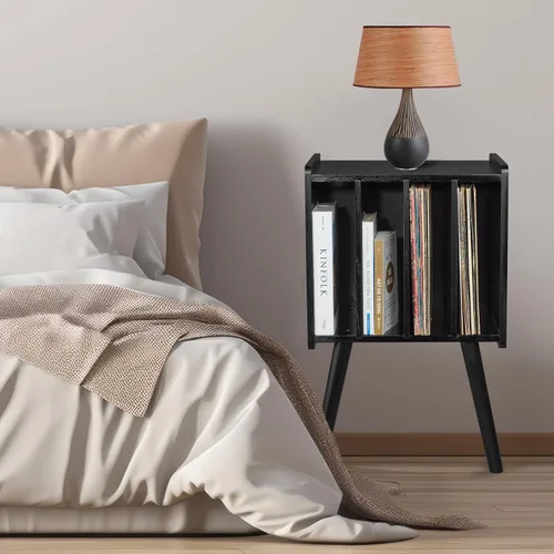 Vista 7 de 2BHOME Soporte de madera para tocadiscos LP con 4 gabinetes, capacidad para hasta 100 vinilos, soporte de almacenamiento de discos de metal y mesa